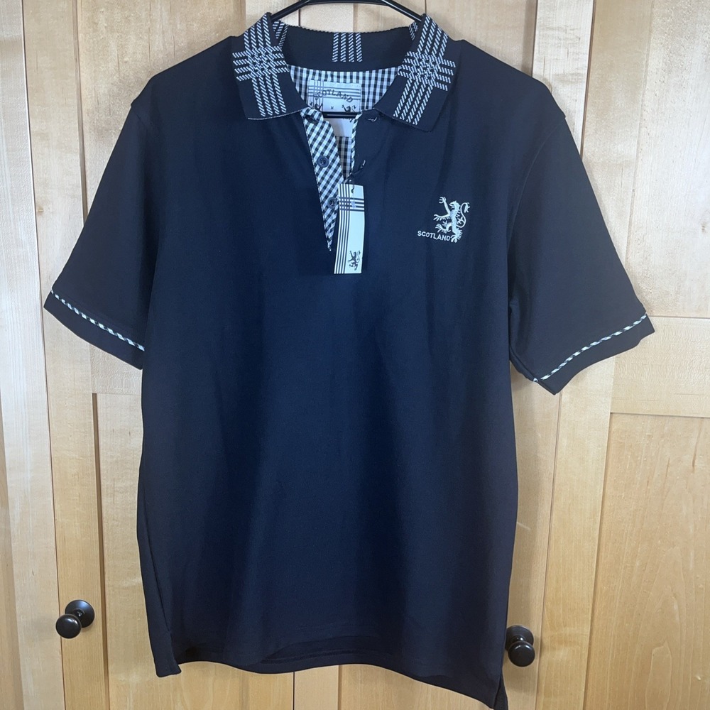 Scotland Black Men's Polo Shirt Short Sleeve Medium NWT Checked Collar Lion